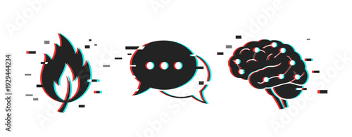 Conceptual icons indicating fire speech and brain cognition. Glitch effect