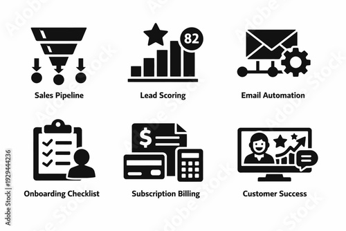 Business management icons: sales, lead, email, onboarding, billing, customer success