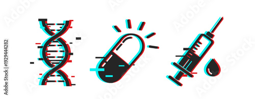 Dna pill and syringe illustrating medical treatment symbols. Glitch effect