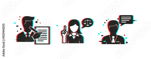 Business professionals speaking advising and presenting in icon set. Glitch effect
