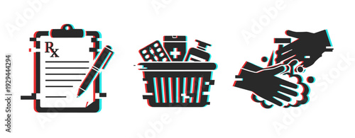 Prescription clipboard, medicine basket and hand washing icons. Glitch effect