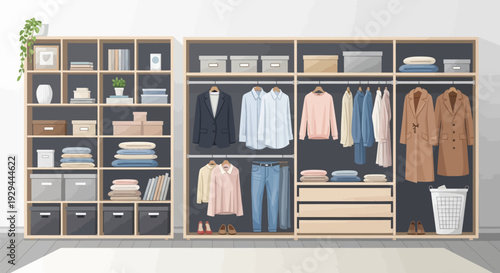 Modern minimalist wooden wardrobe with organized clothing and storage.