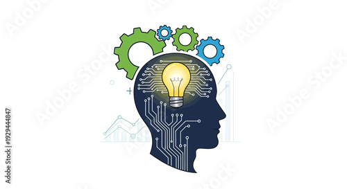 Conceptual illustration of a mind with gears and lightbulb representing ideas