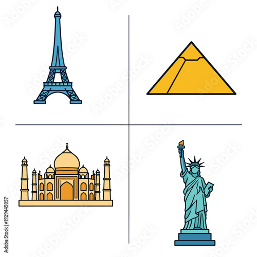 World Landmarks - Eiffel Tower, Pyramid, Taj Mahal, Statue of Liberty.