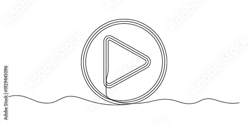Continuous line drawing of a play button icon on a wavy horizon line background.