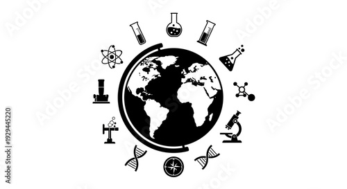 Global science icons surround the earth illustration showcasing various scientific disciplines and instruments from a global perspective