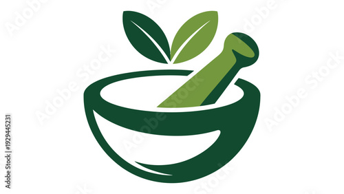 Minimalist mortar and pestle with herb leaf - health and wellness vector icon