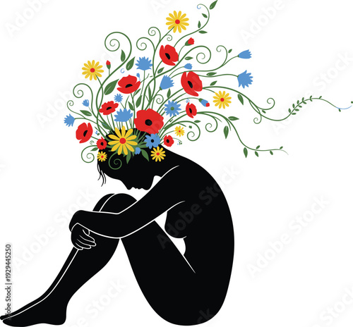 Woman Silhouette with Floral Mind Illustration Symbolizing Mental Health, Creativity, Growth, Emotional Healing and Nature Inspired Conceptual Artistic Design