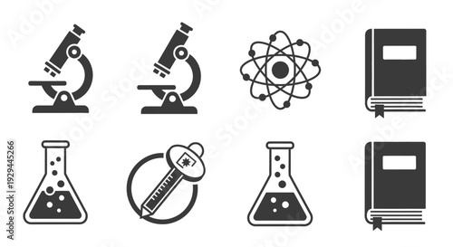 Scientific icons collection featuring microscopes, atom, books and laboratory equipment in a simple graphic illustration style