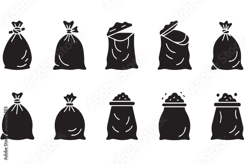 Sack Icon Set: Flour, Grain, and Rice Burlap Bag Silhouettes for Agriculture
