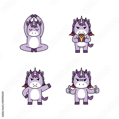 Cartoon unicorn characters showing different emotions and gestures in a minimalist style