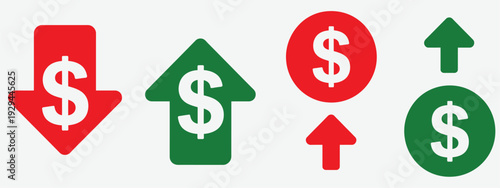 Dollar price movement icon, up and down arrows, vector illustration for finance, stock market, currency exchange, investment tracking, and business reporting projects.
