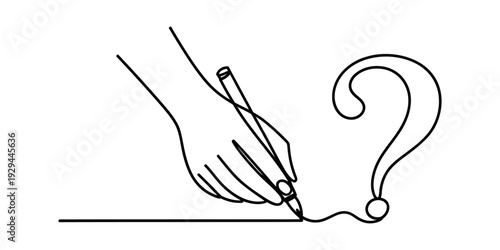 Minimalist black and white line art of a hand sketching a question mark icon on a white background.