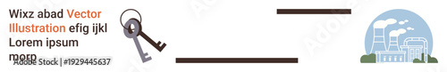 Security, industry, access systems, infrastructure planning, protection, innovation. Key unlocking pathway leading to industrial factory. Security and industry concepts