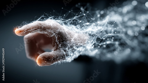 Digital hand with glowing network connections reaching out, symbolizing futuristic technology and virtual interaction in dark background