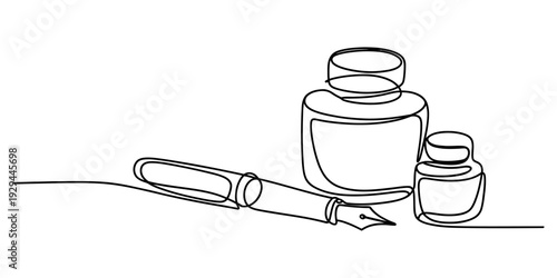 Continuous line drawing of a fountain pen with two ink bottles on a white background.