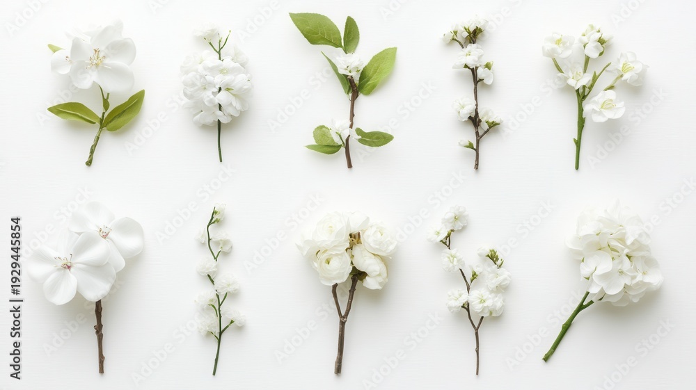 Obraz premium Elegant white blossoms, branches, and green leaves creating a delicate floral composition and spring motif