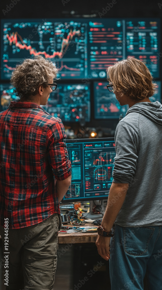 Fototapeta premium Two men analyzing financial data on multiple digital screens in modern office, focused and engaged in discussion