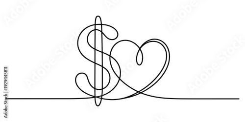 Continuous line drawing of a dollar sign and a heart symbol representing love and money