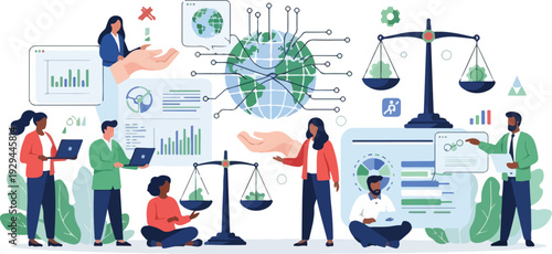 Illustration of diverse people collaborating around scales, graphs, and a globe in an inclusive AI laboratory setting with a professional and innovative mood.