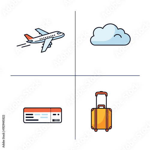 Airplane Cloud Boarding Pass and Luggage Icons Representing Travel.
