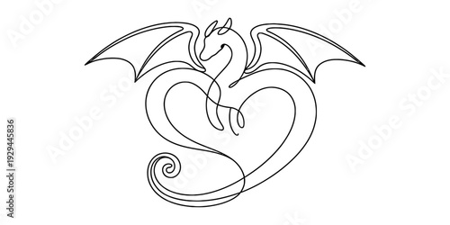Minimalist single line drawing of a mythical dragon forming a heart shape with its body.