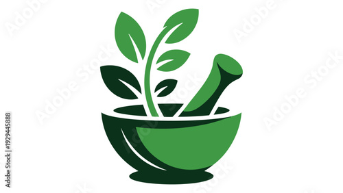 Green minimalist mortar and pestle with herb plant - natural medicine vector icon