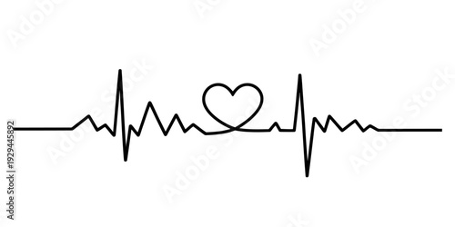 Simple black and white illustration of an electrocardiogram line with a heart shape.