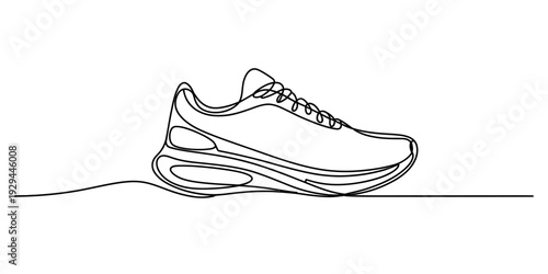 One line drawing of a modern running sneaker on a simple horizontal line for minimal design.