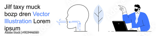 Healthcare education, medical training, respiratory system, airflow, modern teaching, professional communication. Breathing diagram with airflow and person pointing. Healthcare and medical training
