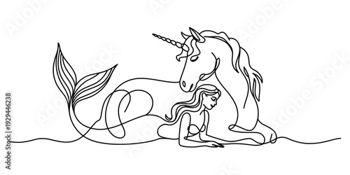 Minimalist one line art illustration featuring a mermaid lying beside a peaceful unicorn