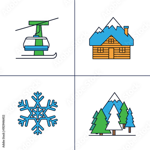 Winter Holiday Icons - Ski Lift, Cabin, Snowflake, and Mountain Scene.