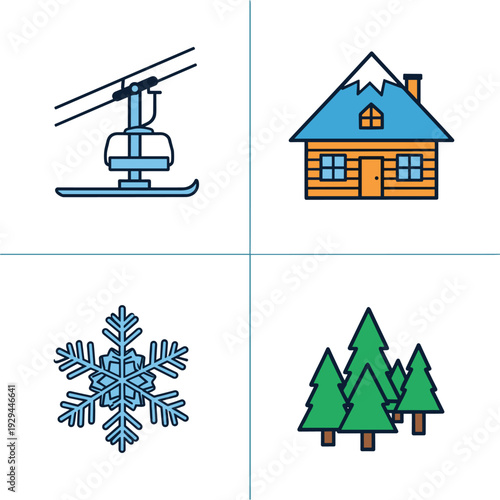 Winter wonderland scene featuring ski lift, cabin, snowflake, and evergreen trees.