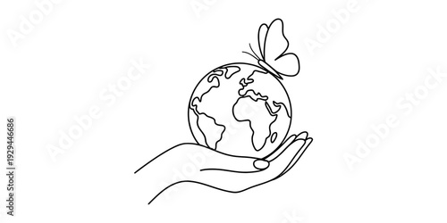 Minimalist line drawing of a human hand holding the world globe with a butterfly on top isolated on white background, Vector, illustration