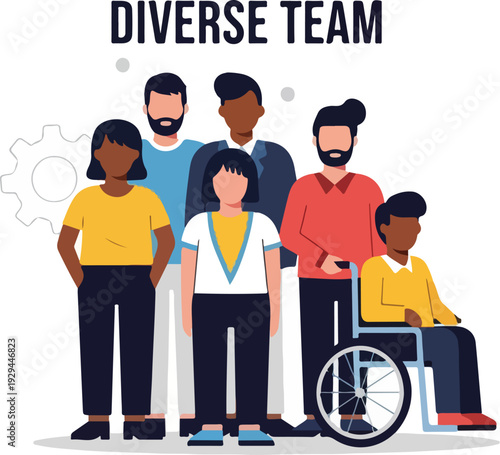 Illustration of a diverse team with people of different abilities and ethnicities standing and sitting together in a modern, minimalist setting with a clean white background and subtle gear