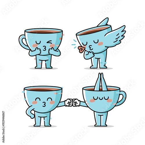 Cartoon coffee cups showing emotions and connection with copy space