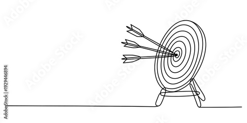 One continuous line drawing of three arrows hitting the center of a target board on a stand. isolated on white background, Vector, illustration