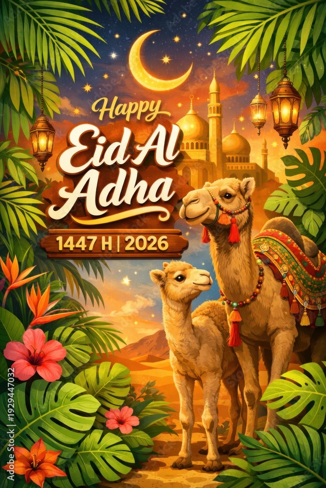 Naklejka premium Eid al Adha greeting card with camels and desert landscape