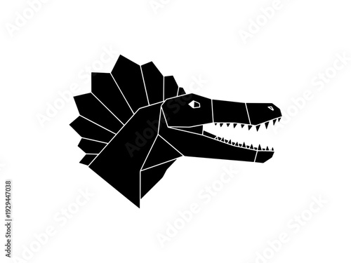 A black silhouette of a Spinosaurus head designed in a geometric origami style, perfect for logos, tattoos, or creative dinosaur-themed graphics.
