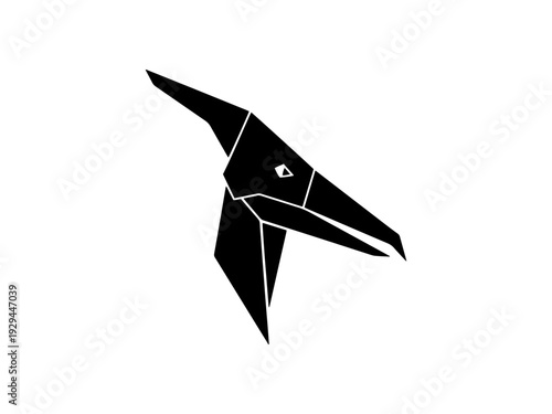 A black and white geometric silhouette of a pterodactyl dinosaur head in a paper origami folding style. Ideal for logos, icons, and creative designs.