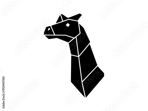 A black silhouette of a Brachiosaurus dinosaur head in a geometric origami style, perfect for minimalist logos and creative projects.