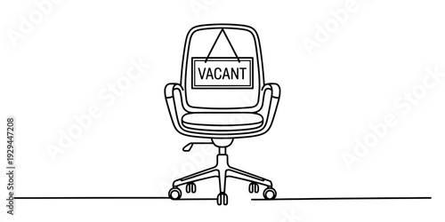 A black and white line drawing of an office chair with a vacant sign hanging on its back. isolated on white background, Vector, illustration