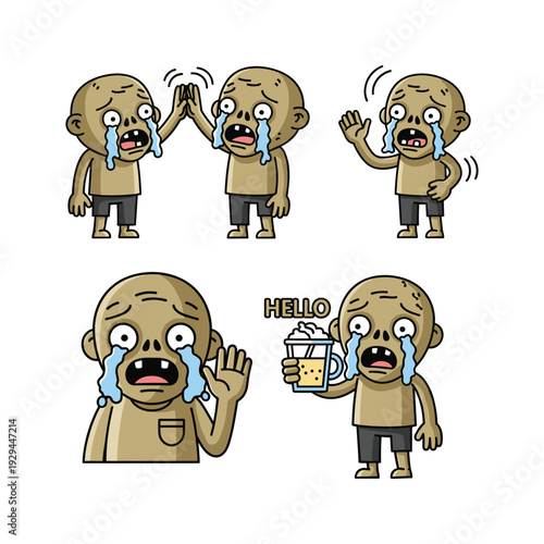 Cartoon character expressing various emotions with tears and greeting with a takeaway coffee