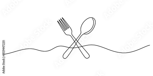 Minimalist continuous line drawing of a crossed fork and spoon on a white background isolated on white background, Vector, illustration