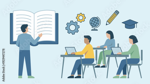 Modern classroom education with instructor and students using laptops, flat design