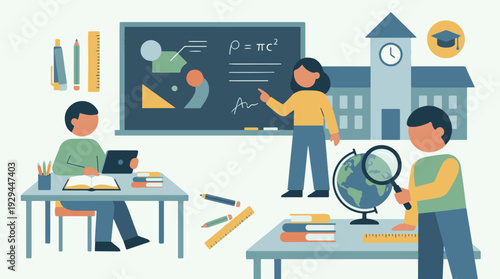 Students and teacher in a modern classroom learning about various subjects