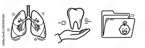 Healthcare icons: lungs, tooth in hand, baby folder
