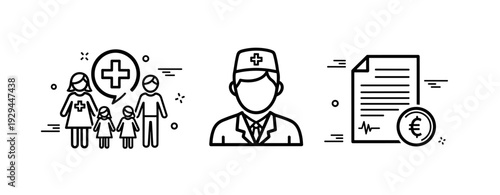 Healthcare family support: medical professional and financial document icons