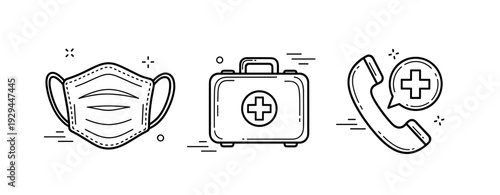 Healthcare icons: face mask, first aid kit, emergency call symbols