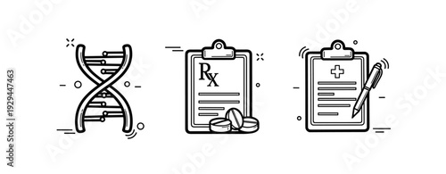 Dna icon with medical prescription and healthcare checklist illustrations